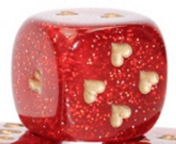 Dice D6 - Heart 16mm Glitter Ruby Red/Gold Pips