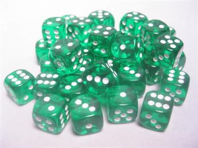 Chessex - Dice Sets Green/White Translucent 12mm d6 (36)