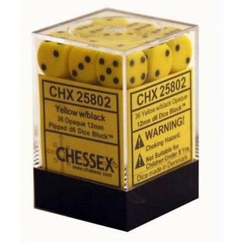 Chessex Dice Cube, Dice Set D6 Opaque Yellow/black, 12mm (36 Dice)